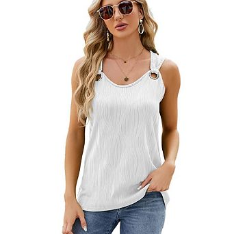 Women Solid Crew Neck Sleeveless Ribbed Tank Tops Metal Ring Strap Loose Fit Casual Layering Shirts