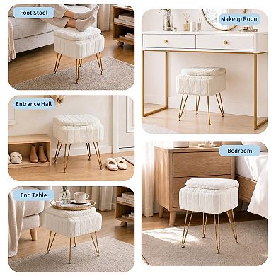 Vanity Stool Chair with Backrest, Square Ottoman with Hidden Storage Compartment