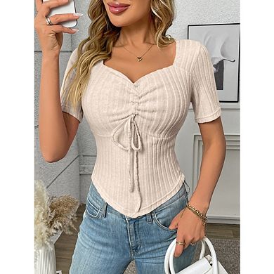 Women's Square Neck Short Sleeve Top Ruched Drawstring Ribbed Fitted T-Shirt