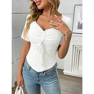 Women's Square Neck Short Sleeve Top Ruched Drawstring Ribbed Fitted T-Shirt