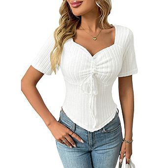 Women's Square Neck Short Sleeve Top Ruched Drawstring Ribbed Fitted T-Shirt