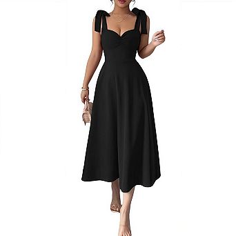 Women's Elegant Wedding Guest Flare Midi Dress with Ruffle Bow for Cocktail Party Summer