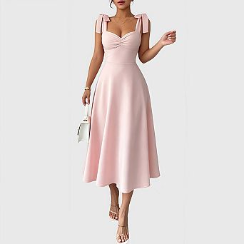 Women's Elegant Wedding Guest Flare Midi Dress with Ruffle Bow for Cocktail Party Summer