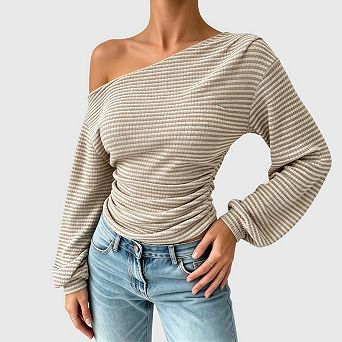 Women's Striped One Shoulder Long Sleeve Y2K Top Trendy Fitted Knit Tee Shirts