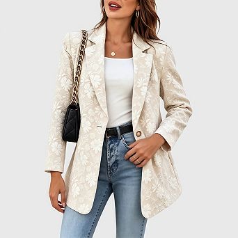 Women's Long Sleeve Blazer, Floral Jacquard Casual Work Office Jacket Suit Coat