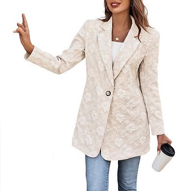 Women's Long Sleeve Blazer, Floral Jacquard Casual Work Office Jacket Suit Coat