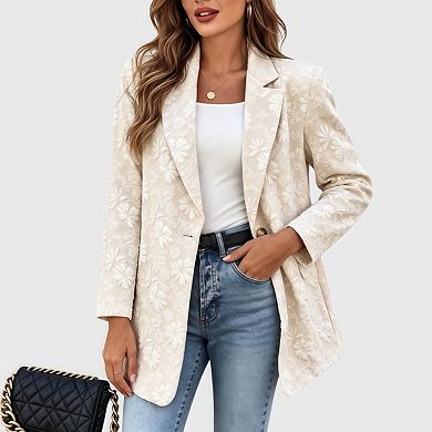 Women's Long Sleeve Blazer, Floral Jacquard Casual Work Office Jacket Suit Coat