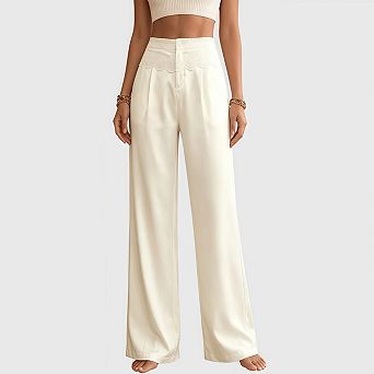 Women Wide Leg Pants Pull on High Waisted Casual Business Work Dress Trousers Slacks