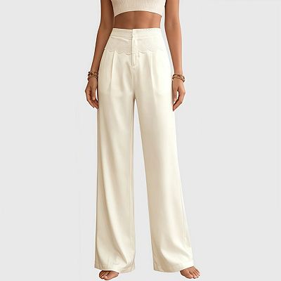 pull on high waisted dress pants Women Wide Leg Pants Pull on High Waisted Casual Business Work Dress  Trousers Slacks