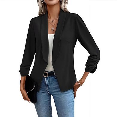Women's Cropped Blazer Business Casual 3/4 Ruched Sleeve Short Suit Jacket