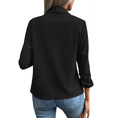 Women's Cropped Blazer Business Casual 3/4 Ruched Sleeve Short Suit Jacket