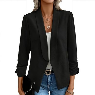 Women's Cropped Blazer Business Casual 3/4 Ruched Sleeve Short Suit Jacket