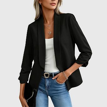 Women's Cropped Blazer Business Casual 3/4 Ruched Sleeve Short Suit Jacket
