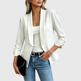 Women's Cropped Blazer Business Casual 3/4 Ruched Sleeve Short Suit Jacket
