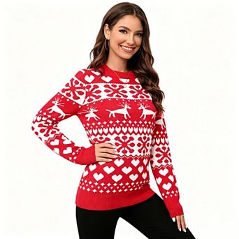 Women's Crew Neck Reindeer Snowflake Heart Fair Isle Long Sleeve Christmas Sweater