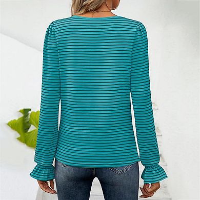 Women's Square Neck Striped Puff Long Sleeve Ruffle Cuff Casual Blouse