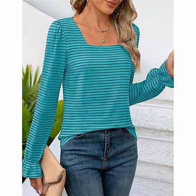 Women's Square Neck Striped Puff Long Sleeve Ruffle Cuff Casual Blouse