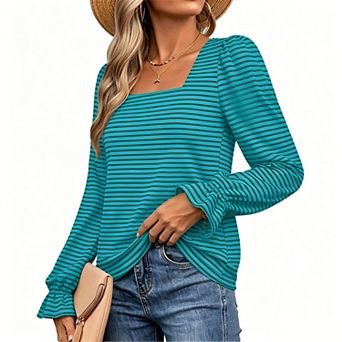 Women's Square Neck Striped Puff Long Sleeve Ruffle Cuff Casual Blouse