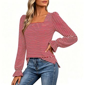Women's Square Neck Striped Puff Long Sleeve Ruffle Cuff Casual Blouse
