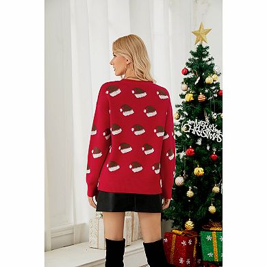 Women's Crew Neck Christmas Santa Hat & Stocking Jacquard Long Sleeve Knit Sweater