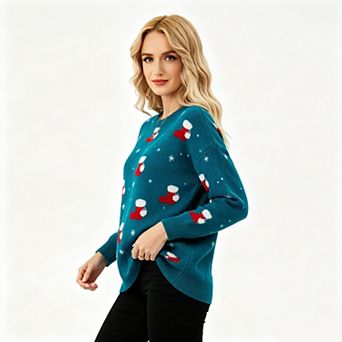 Women's Crew Neck Christmas Santa Hat & Stocking Jacquard Long Sleeve Knit Sweater