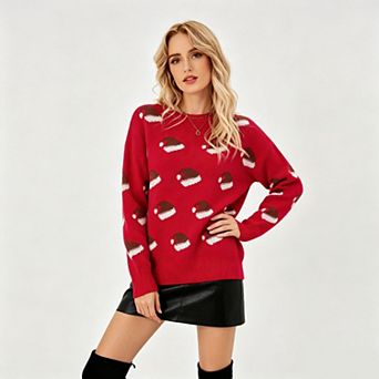 Women's Crew Neck Christmas Santa Hat & Stocking Jacquard Long Sleeve Knit Sweater
