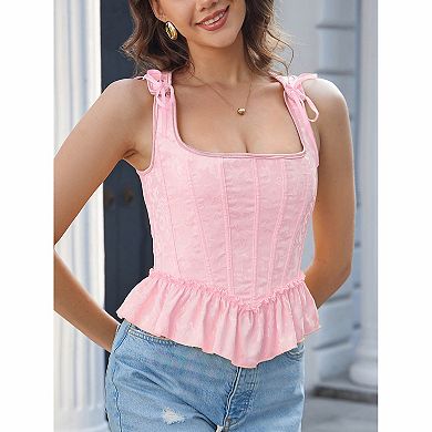 Women's Square Neck Jacquard Ruffle Hem Lace Up Back Corset Bustier Tank Top