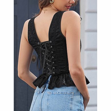 Women's Square Neck Jacquard Ruffle Hem Lace Up Back Corset Bustier Tank Top