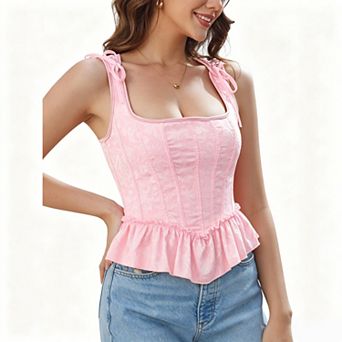 Women's Square Neck Jacquard Ruffle Hem Lace Up Back Corset Bustier Tank Top