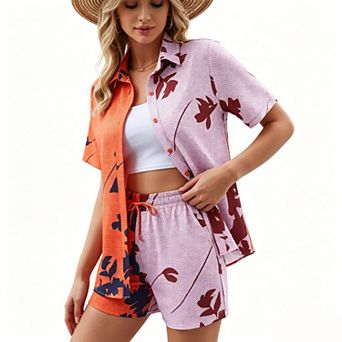 Women's Color Block Floral Print Short Sleeve Shirt & Drawstring Shorts 2 pc Outfit Set