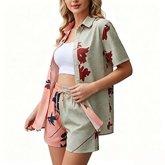 Women's Color Block Floral Print Short Sleeve Shirt & Drawstring Shorts 2 pc Outfit Set