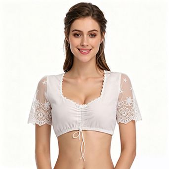 Women's V Neck Drawstring Ruched Sheer Lace Short Sleeve Crop Blouse