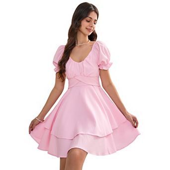 V-Neck Short Sleeve Tiered Mini Dress with Cross Waist Detail for Women