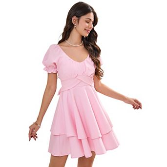 Women V Neck Short Sleeve Cross Waist Tiered Mini Dress Casual Party Sundress