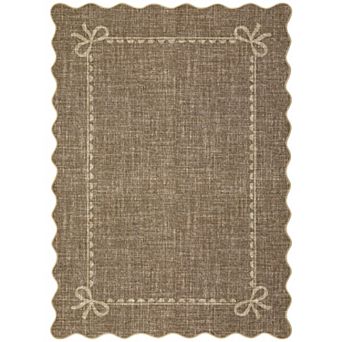 Linen Wavy Scalloped Area Rug with Cute Bow Frame Washable Non-Slip Low Pile Carpet for Bedroom