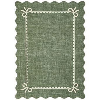 Linen Wavy Scalloped Area Rug with Cute Bow Frame Washable Non-Slip Low Pile Carpet for Bedroom
