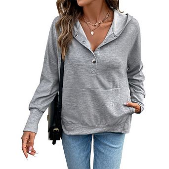 Hoodies for Women Waffle Knit Long Sleeve Button V Neck Casual Sweatshirt Hooded Tops with Pocket
