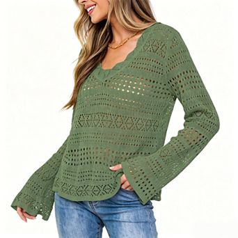 Women's Scallop V Neck Hollow Open Knit Flare Long Sleeve Pullover Sweater