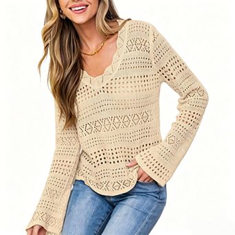 Women's Scallop V Neck Hollow Open Knit Flare Long Sleeve Pullover Sweater