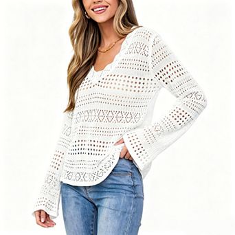 Women's Scallop V Neck Hollow Open Knit Flare Long Sleeve Pullover Sweater