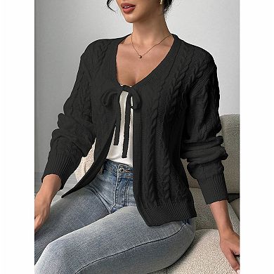 Women's V Neck Front Tie Cable Knit Long Sleeve Open Front Cardigan Sweater