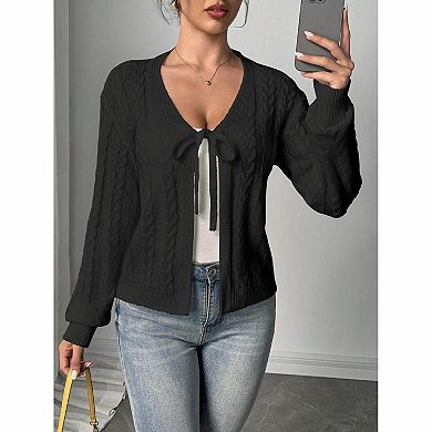 Women's V Neck Front Tie Cable Knit Long Sleeve Open Front Cardigan Sweater