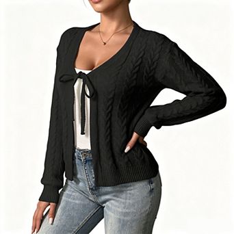 Women's V Neck Front Tie Cable Knit Long Sleeve Open Front Cardigan Sweater