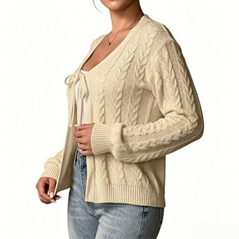 Women's V Neck Front Tie Cable Knit Long Sleeve Open Front Cardigan Sweater
