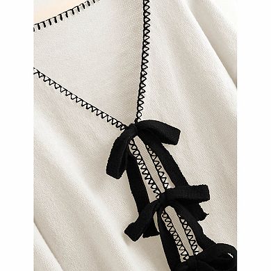 Women's V Neck Contrast Stitch Multi Front Bow Tie Open Front Knit Cardigan Sweater