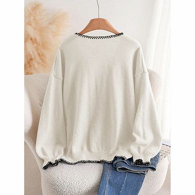 Women's V Neck Contrast Stitch Multi Front Bow Tie Open Front Knit Cardigan Sweater