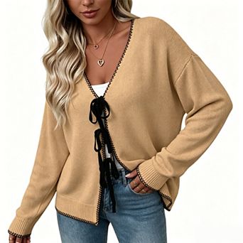 Women's V Neck Contrast Stitch Multi Front Bow Tie Open Front Knit Cardigan Sweater