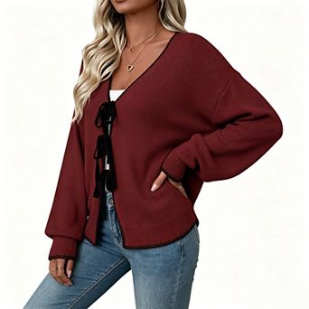 Women's V Neck Contrast Stitch Multi Front Bow Tie Open Front Knit Cardigan Sweater