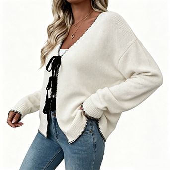 Women's V Neck Contrast Stitch Multi Front Bow Tie Open Front Knit Cardigan Sweater
