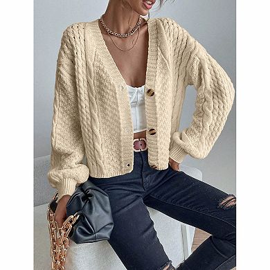 Women's V Neck Cable Knit Button Down Balloon Long Sleeve Cropped Cardigan Sweater